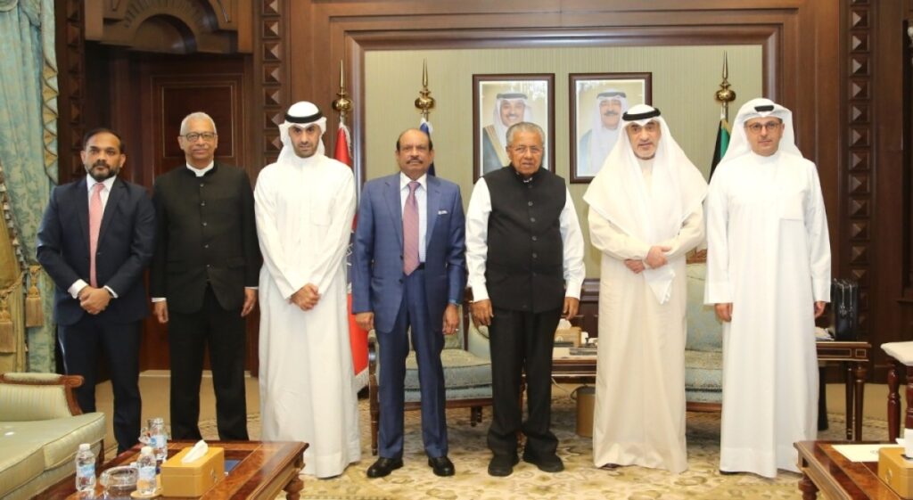 KUWAIT: Deputy Prime Minister and Interior Minister Sheikh Fahad Al-Yousef Al-Sabah receives Kerala Chief Minister Pinarayi Vijayan, in the presence of Finance Minister and KIA Chairman Dr Sabeeh Al-Mukhaizeem, BNK Holding Chairman Bader Al-Kharafi, LuLu Group International Chairman and Managing Director M A Yusuff Ali and Indian Embassy Charge d’Affaires Sanjay K Muluka.